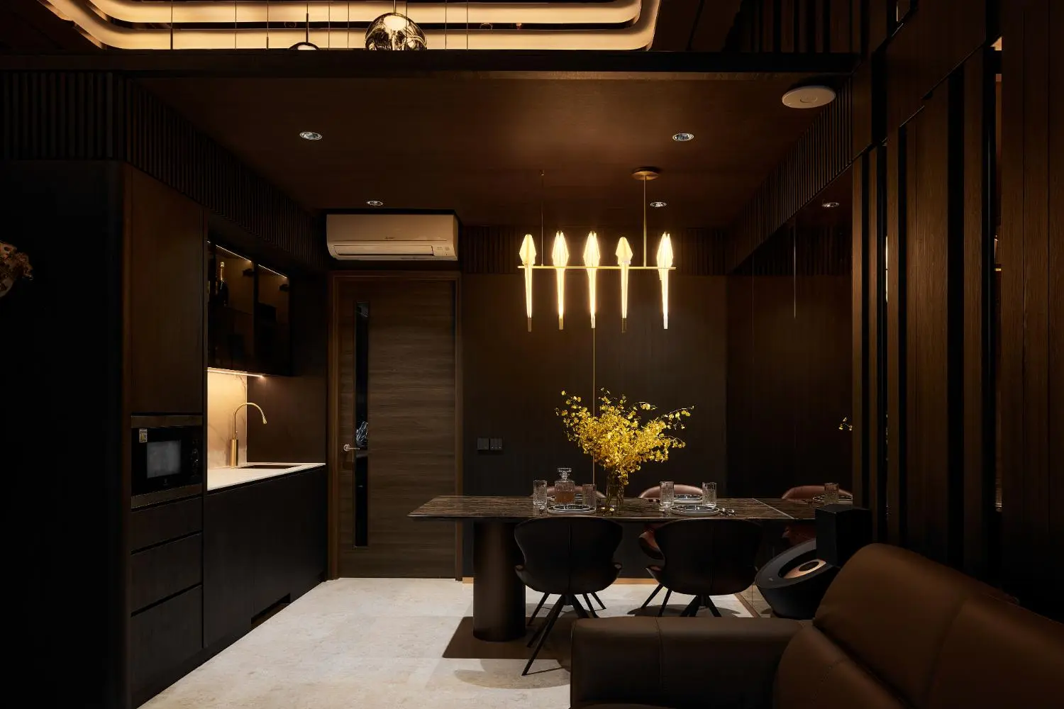 Space Change Florence Residence — charcoal fluted panels and marble surfaces