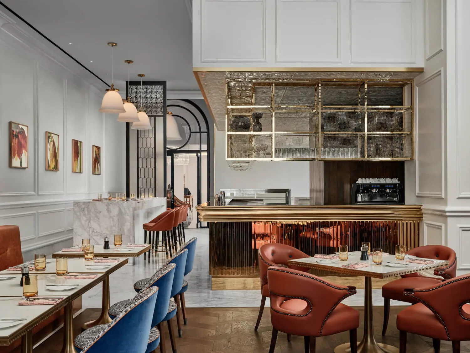 Ambros — fluted brass, black Marquina marble and caramel leather