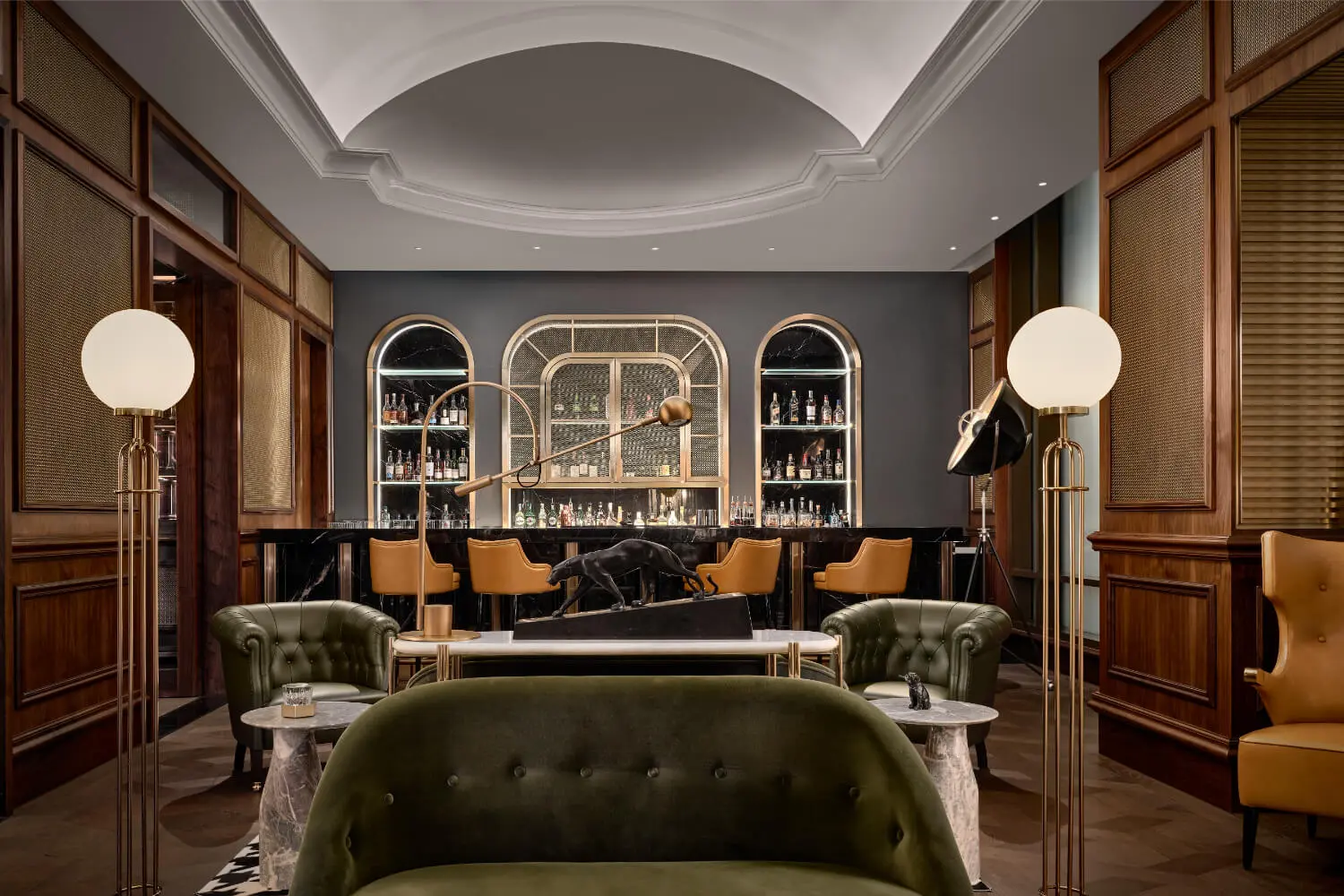 The Founder's Room — brushed brass, metal mesh and Nero Portoro marble