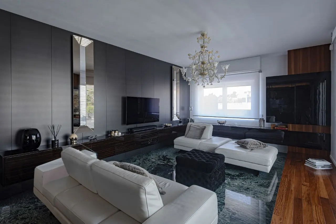 House of Sabrina — living room with boiserie panels and custom furniture