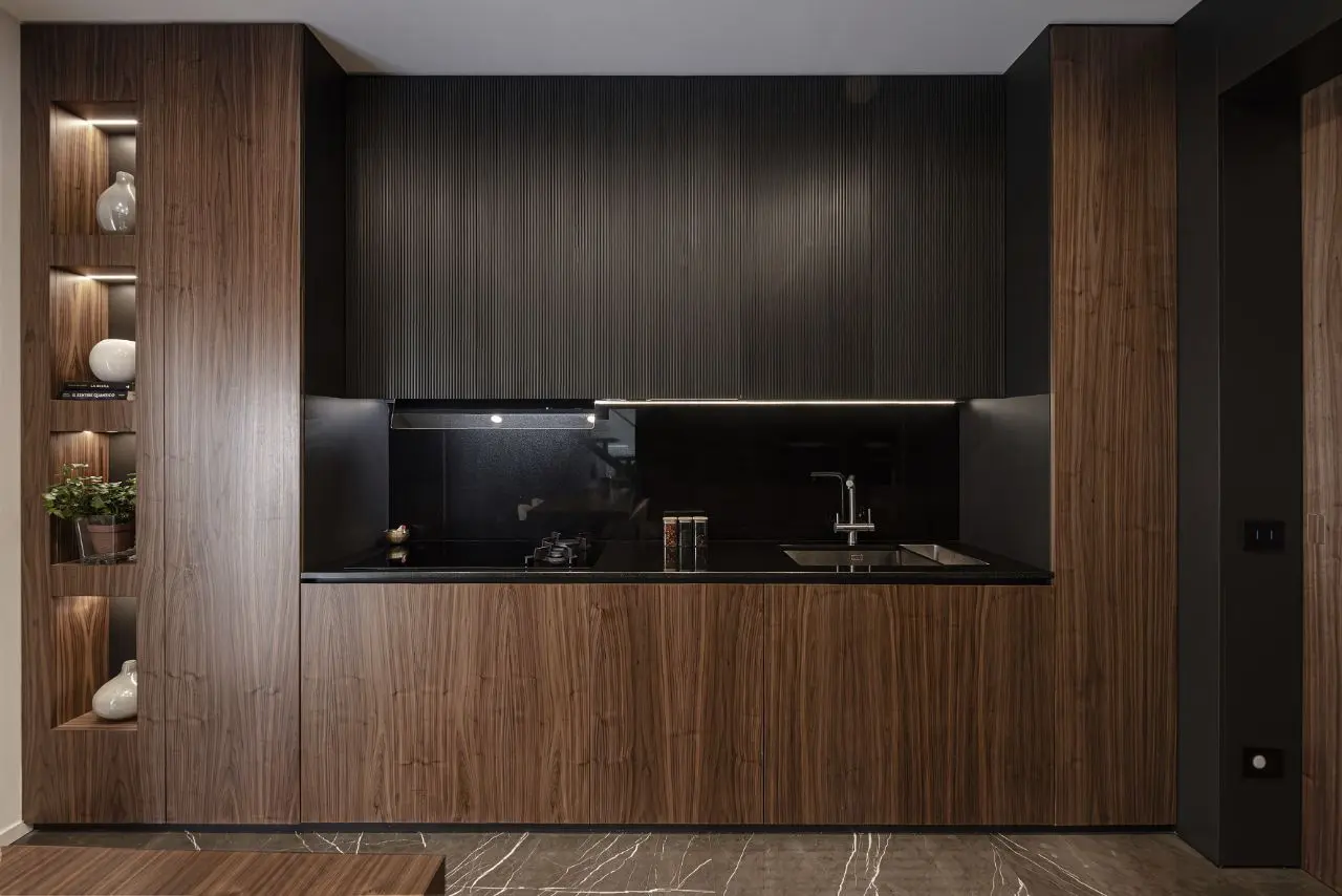 House of Sabrina — kitchen open shelving with ceramics and greenery