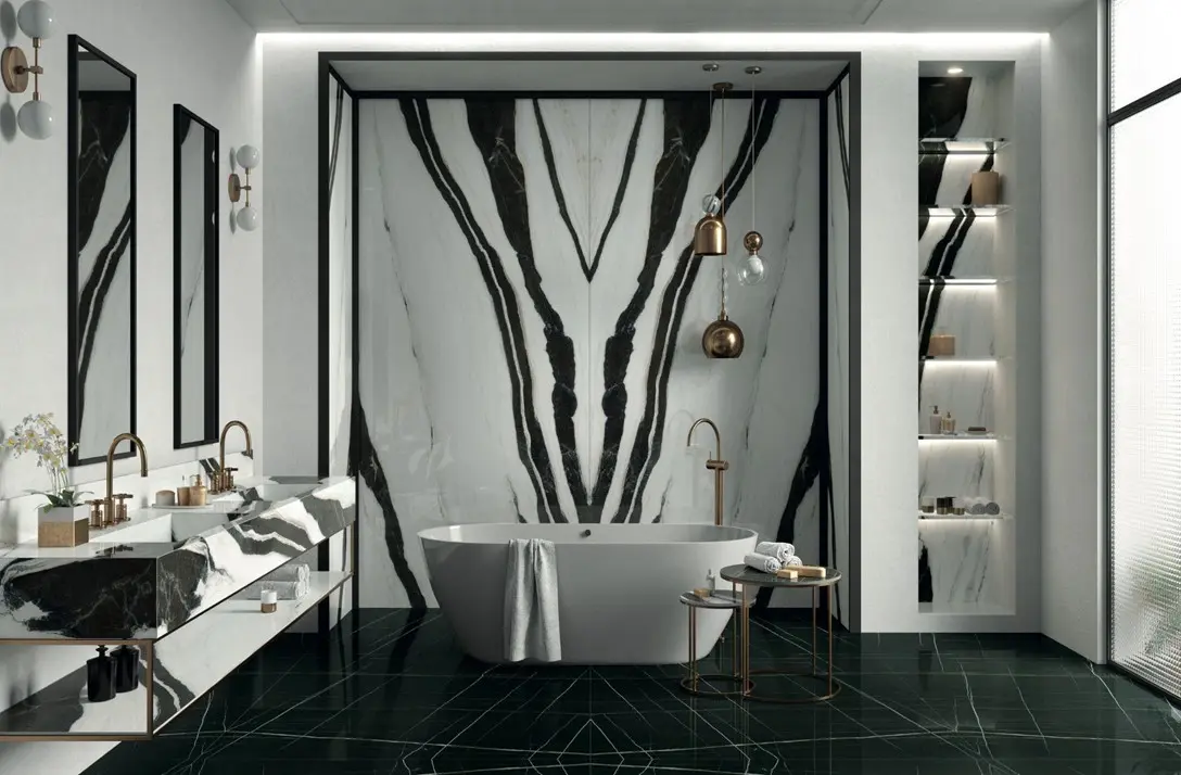 Infinity Panda White on walls and vanity counter