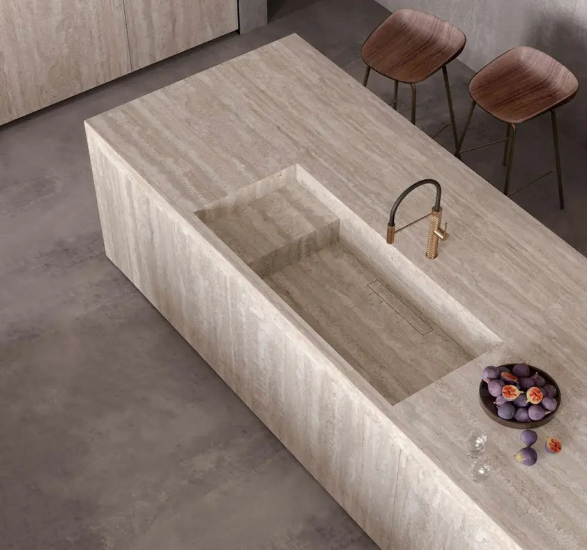 Infinity Travertino Chiaro on island counter and cabinet door panels