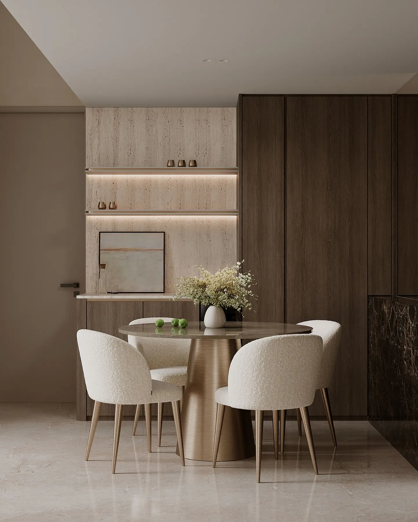 Dining area — round travertine-topped table, bouclé chairs, white vase with gypsophila and dark timber backdrop