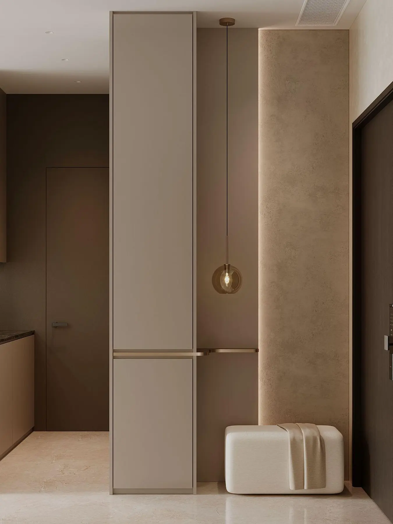 Foyer entry — stone-effect column, pendant globe light, warm linen wall panel and wardrobe