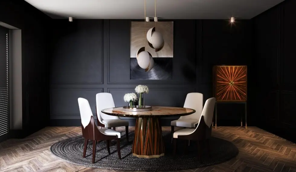 ALONA Round Dining Table Chairs and DOVICO Bar Cabinet by Marano Furniture