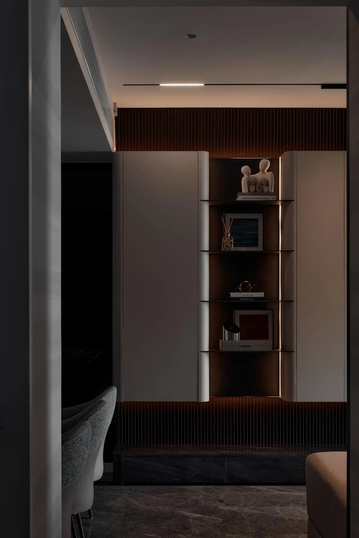 Le Interior Affairs Jiak Kim — dining area with grooves and lighting
