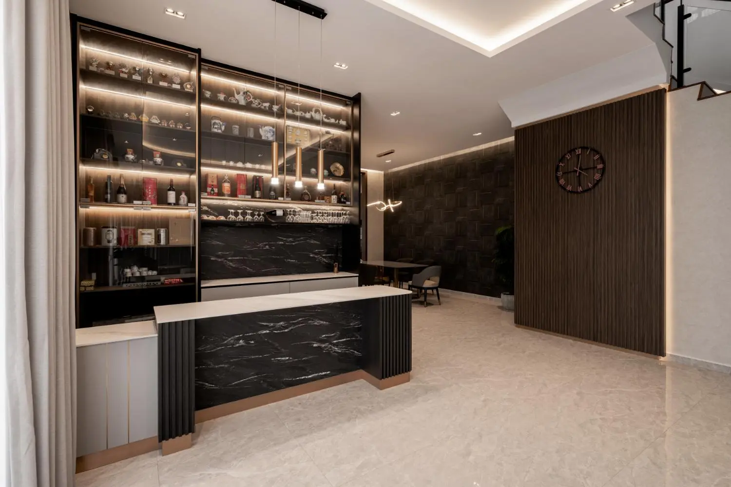 SHE Interior — bar and wine cabinet area